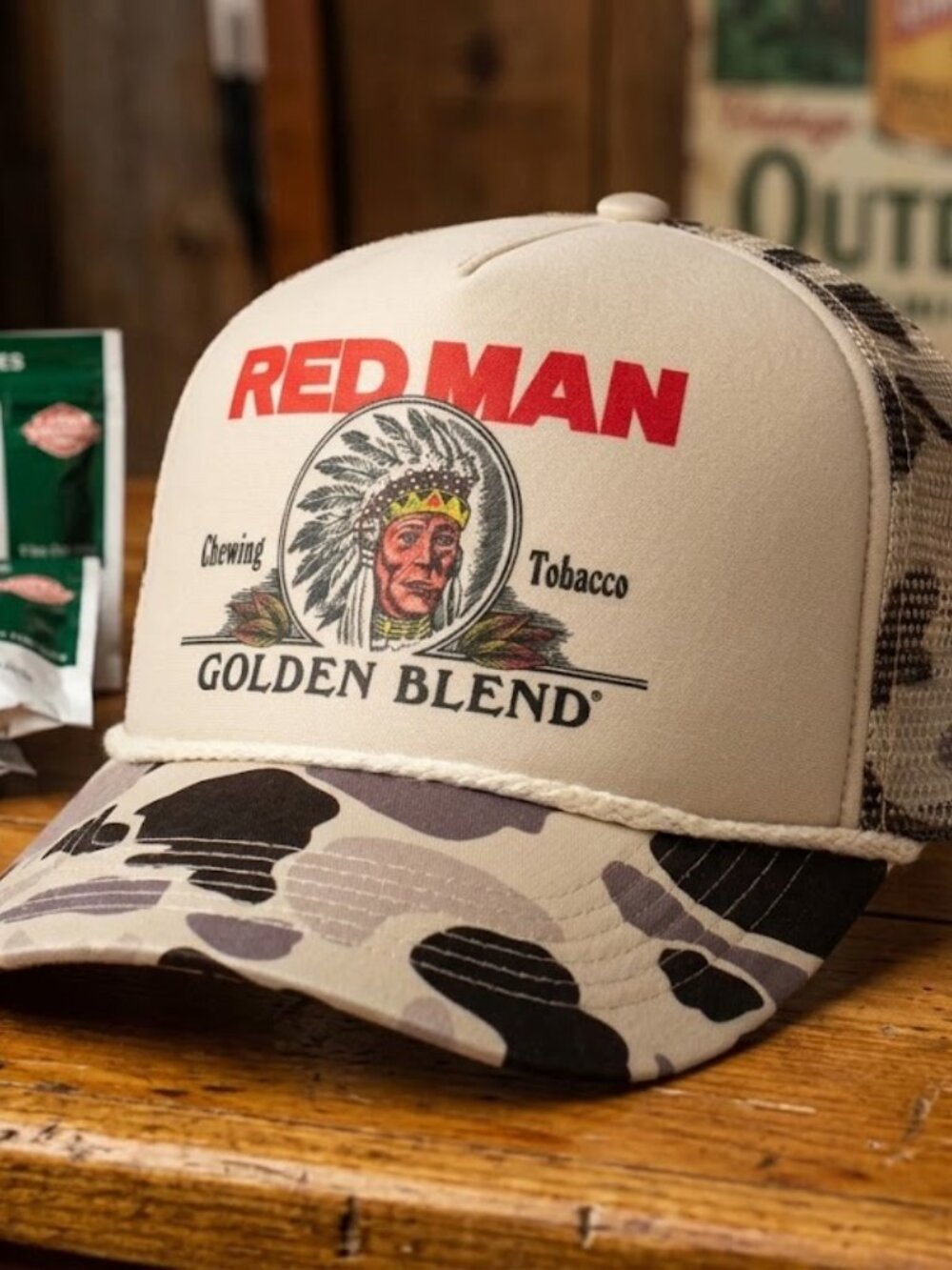 Retro Red Man Hat Golden Blend Racing Camo Tobacco Foam Rope Snapback Cap USA 80